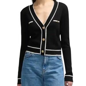 NVLT Women Black White Trim Cropped Cardigan Gold Crest Button Sweater Size M